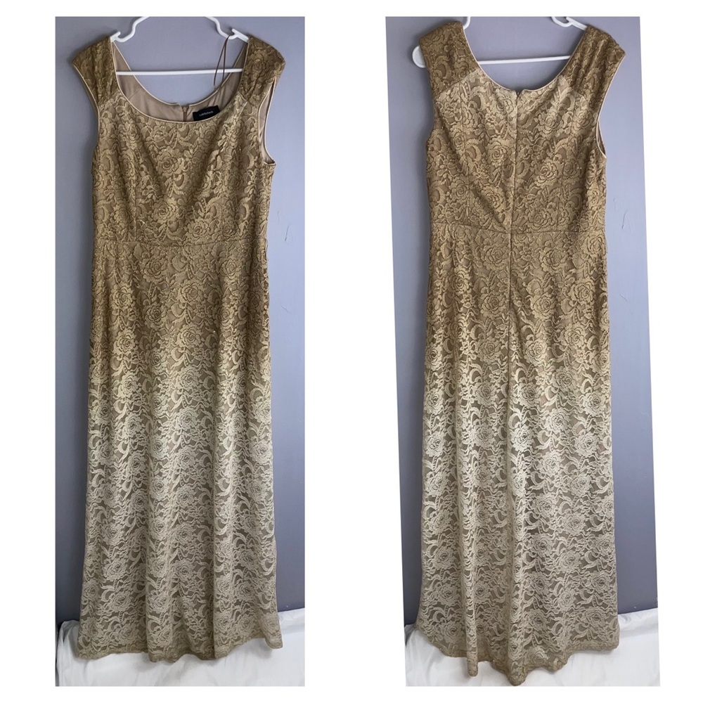 R&M Richard’s gold ombré lace shimmer maxi dress